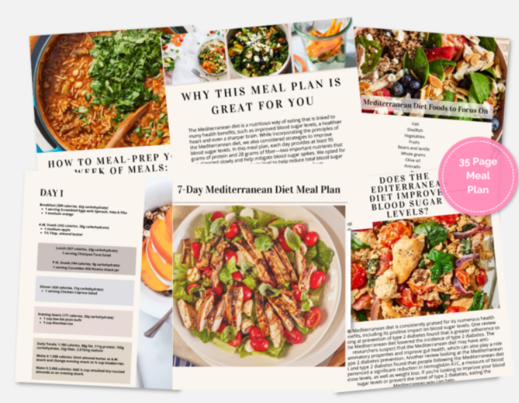 7 Day Mediterranean Meal Plan showing Day 1 schedule, how to meal prep, recipes, and diet information